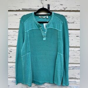 Soft Surroundings Linen Woven Mesh Knit Longsleeve Popover Henley Blouse Top NWT